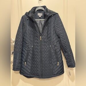 Gallery Black Chevron Puffer Coat with Gold Details